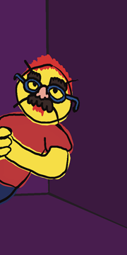 Example neutral frame: a character in a costume peering around a door.