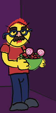 Example treat frame: the same character holding out a bowl of candy.